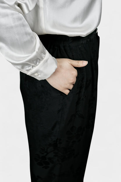 Handmade Mulberry Silk Trousers | Black Floral Jacquard
