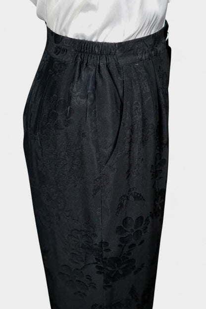 Handmade Mulberry Silk Trousers | Black Floral Jacquard