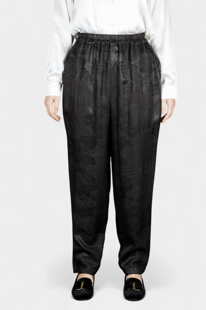 Handmade Gambiered Guangdong Gauze Silk Trousers | Black Floral Weave