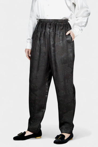 Handmade Gambiered Guangdong Gauze Silk Trousers | Black Floral Weave