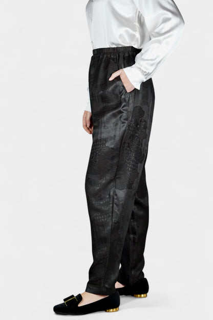 Handmade Gambiered Guangdong Gauze Silk Trousers | Black Floral Weave