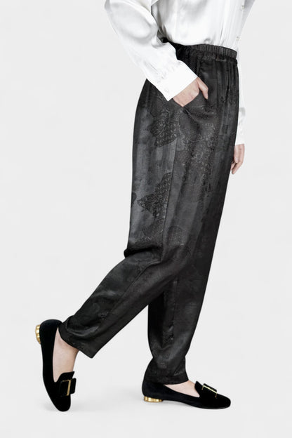 Handmade Gambiered Guangdong Gauze Silk Trousers | Black Floral Weave