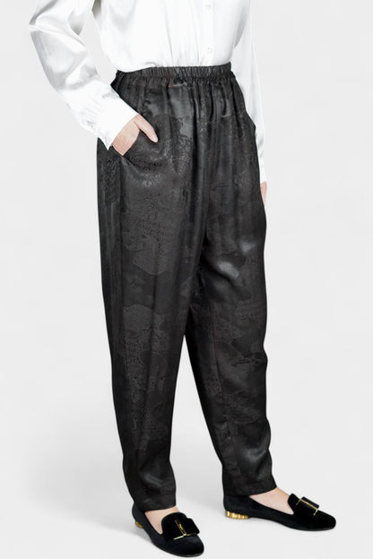 Handmade Gambiered Guangdong Gauze Silk Trousers | Black Floral Weave