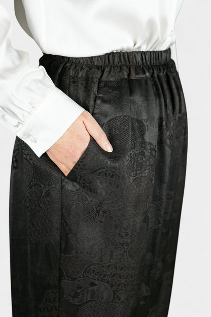 Handmade Gambiered Guangdong Gauze Silk Trousers | Black Floral Weave