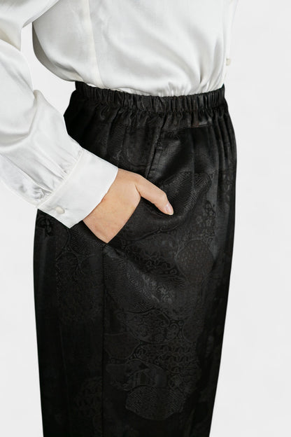 Handmade Gambiered Guangdong Gauze Silk Trousers | Black Floral Weave
