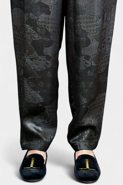 Handmade Gambiered Guangdong Gauze Silk Trousers | Black Floral Weave