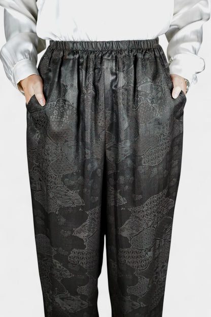 Handmade Gambiered Guangdong Gauze Silk Trousers | Black Floral Weave