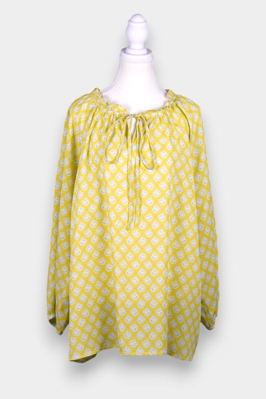 Handcrafted Silk Blouse with Floral Print in Lemon Yellow