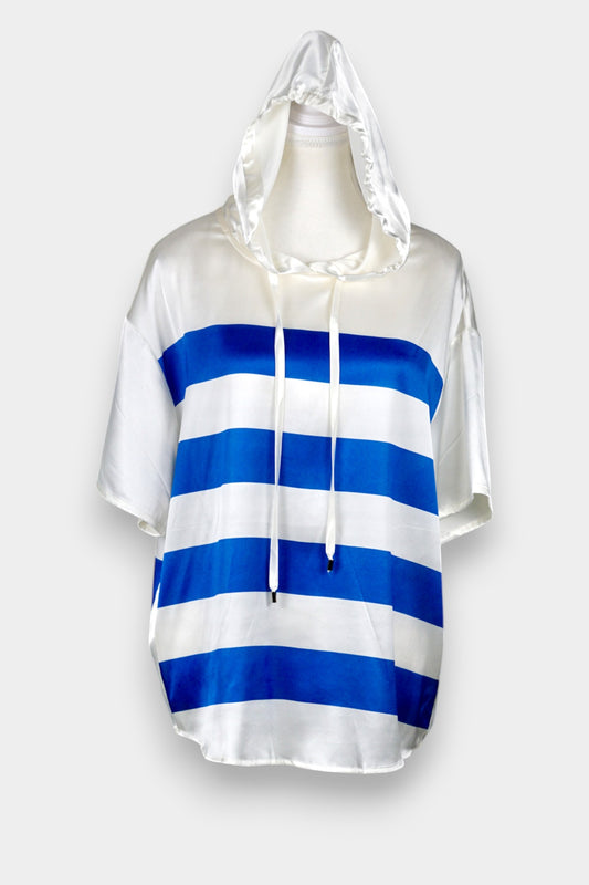 Silk Hooded T-Shirt with Stripe Print in White & Blue