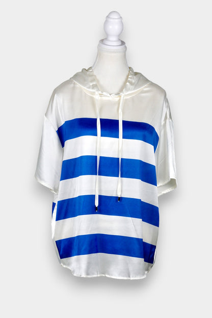 Mulberry Silk Striped Hooded Short-Sleeve Top