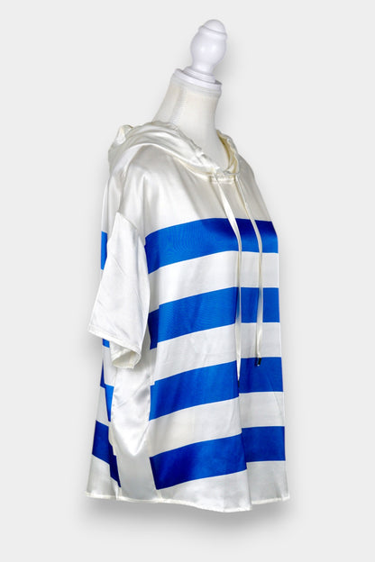 Mulberry Silk Striped Hooded Short-Sleeve Top