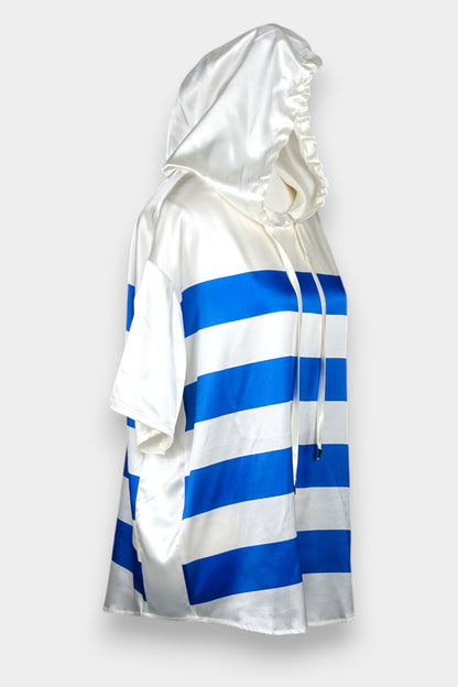 Mulberry Silk Striped Hooded Short-Sleeve Top