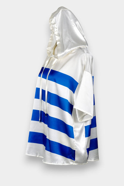 Mulberry Silk Striped Hooded Short-Sleeve Top