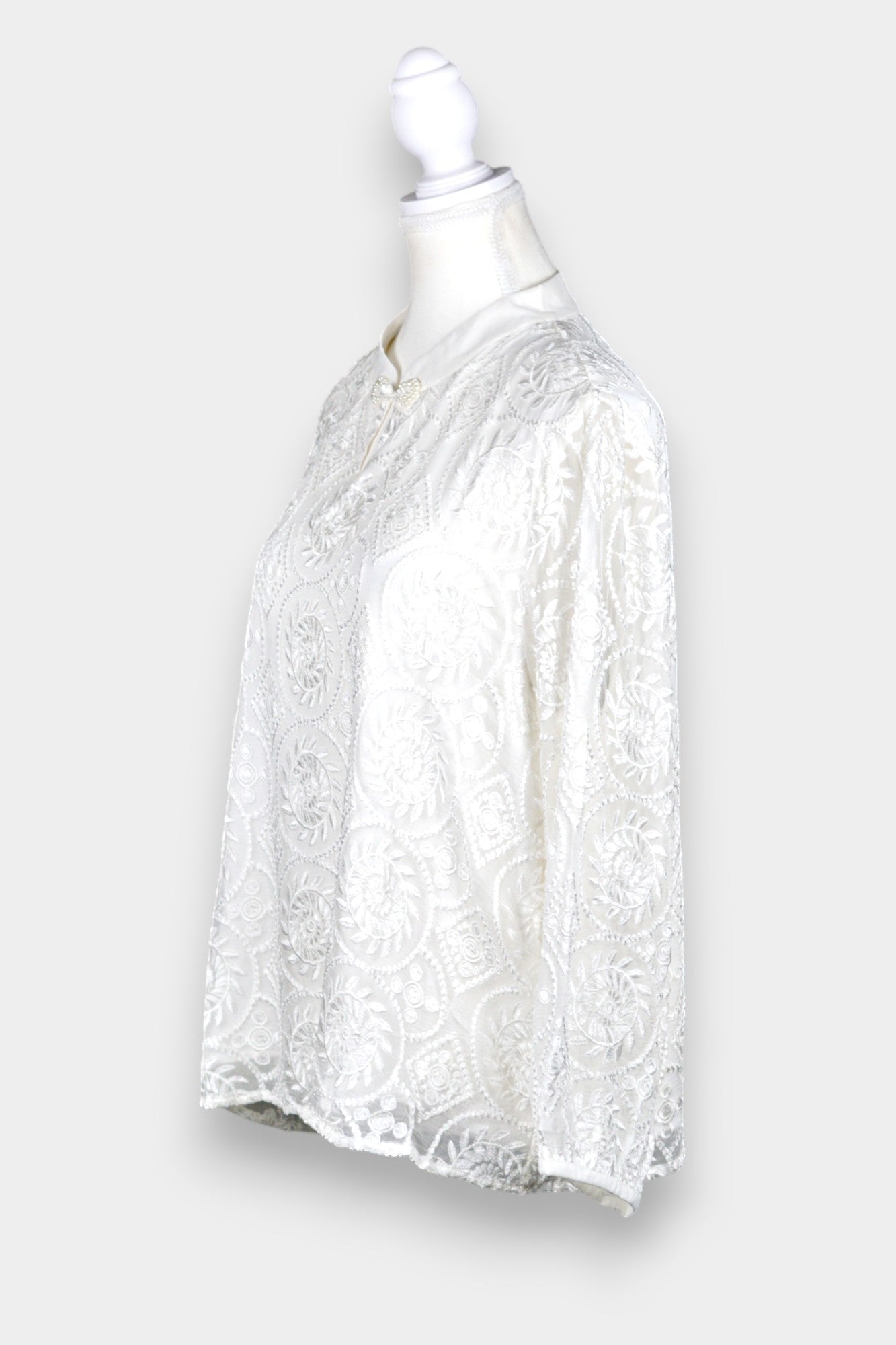 Embroidered Silk Blouse with Mandarin Collar in White