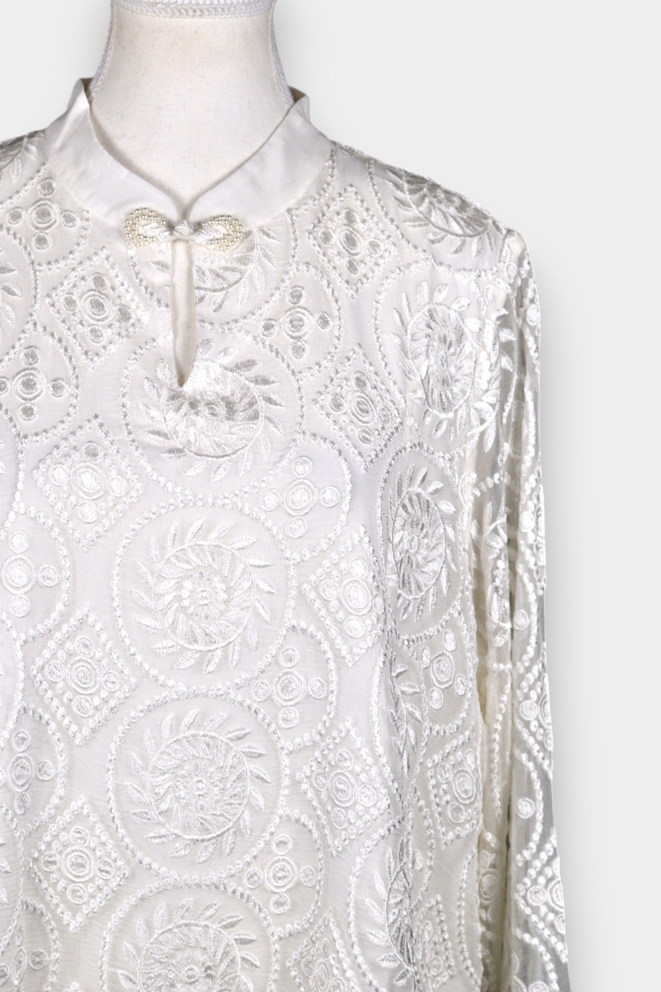 Embroidered Silk Blouse with Mandarin Collar in White