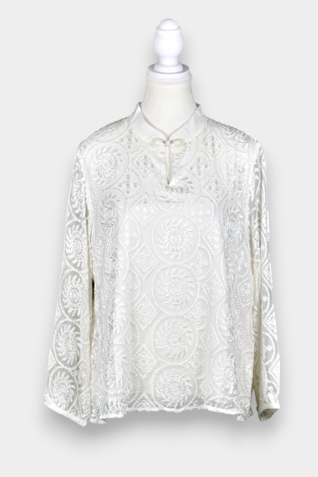 Embroidered Silk Blouse with Mandarin Collar in White