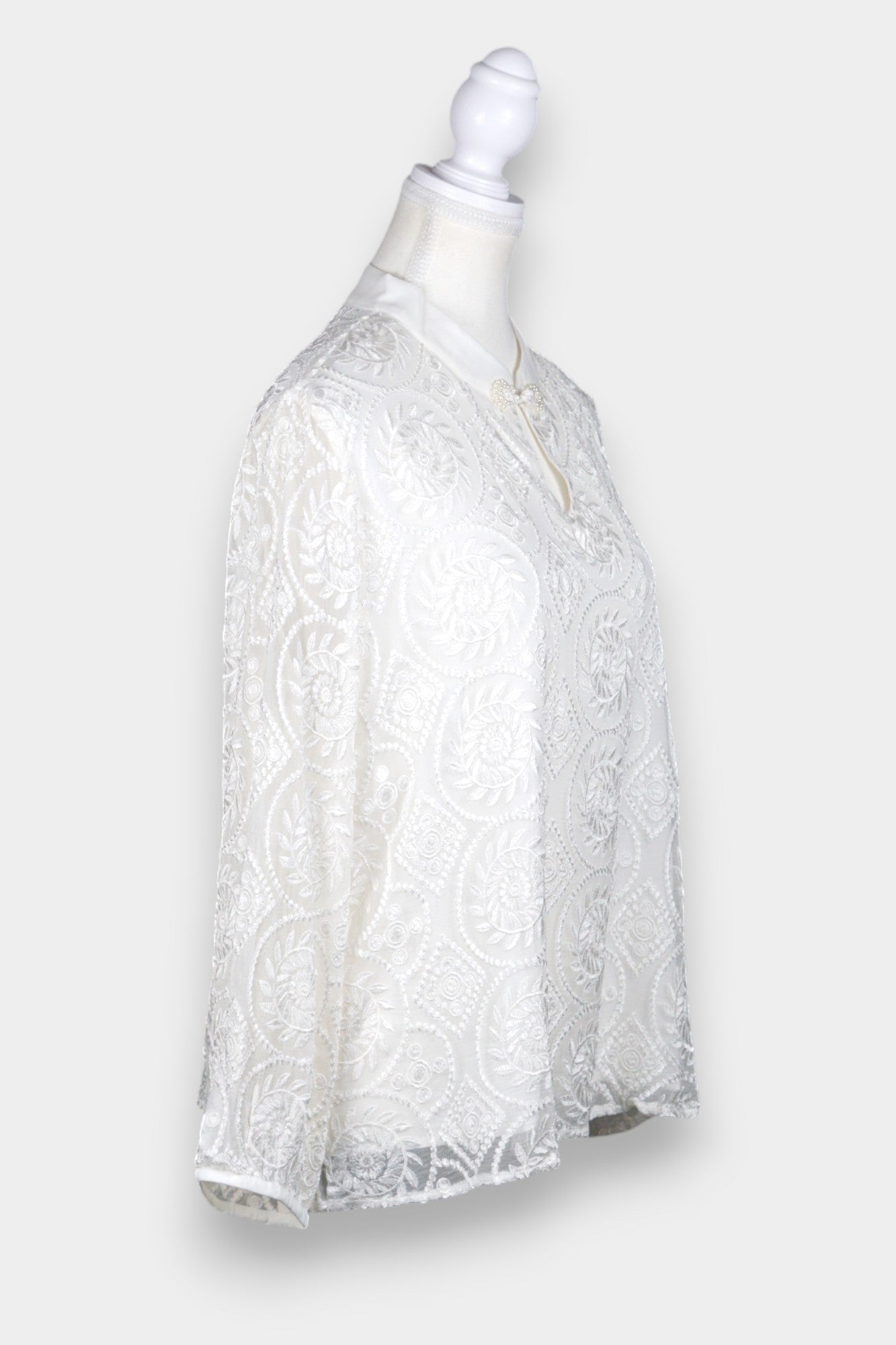 Embroidered Silk Blouse with Mandarin Collar in White