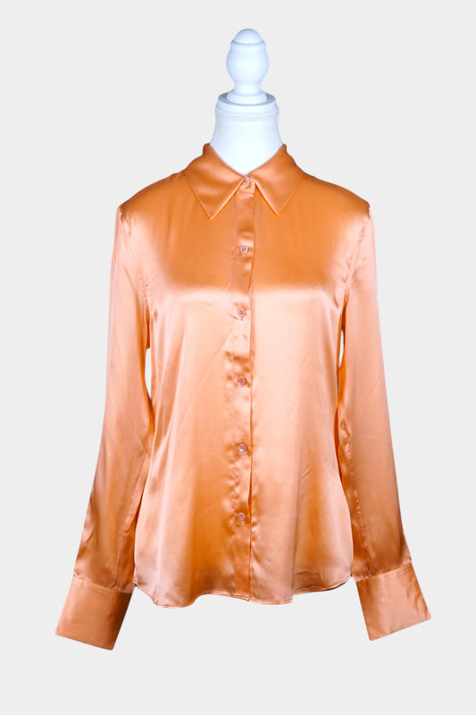 Pure Silk Satin Button-Up Blouse in Coral Pink