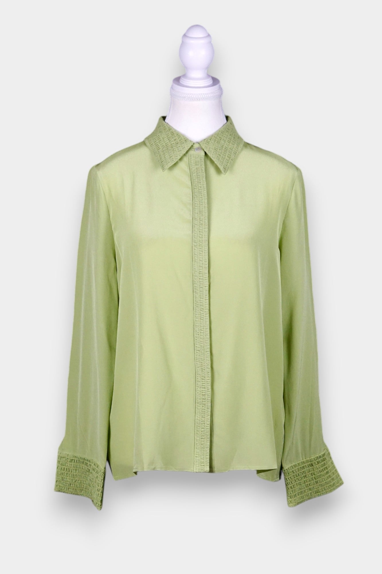 Mulberry Silk Blouse | Pistachio Green with Smocked Detailing