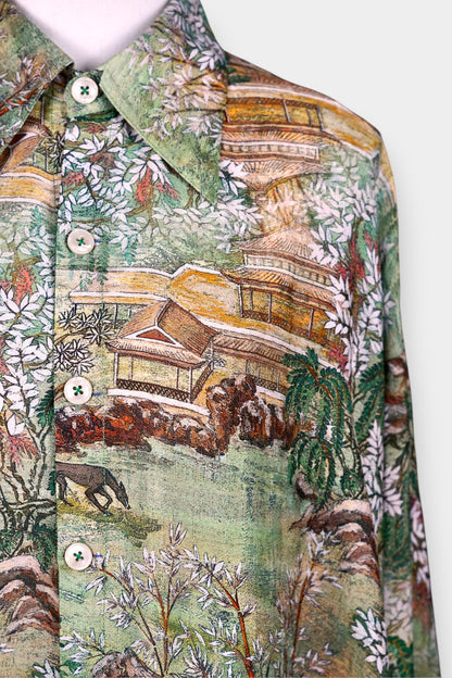 Tussah Silk Landscape Print Oversized Shirt