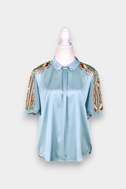 Mulberry Silk Blouse | Blue with Floral Print & Lace Collar