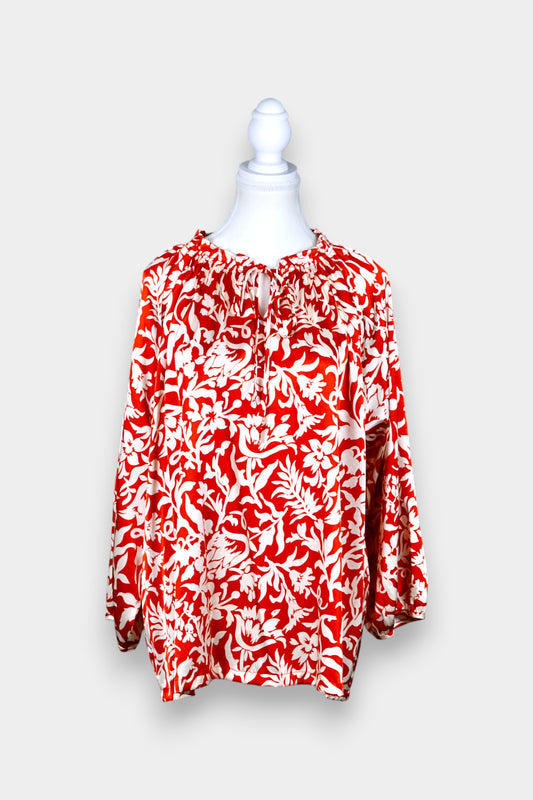 Handcrafted Silk Blouse with Floral Print | Red & White