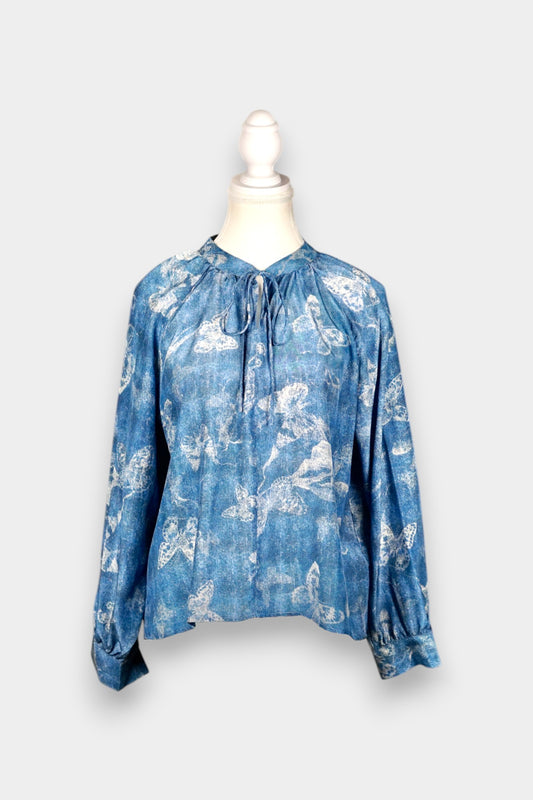 Mulberry Silk Blouse | Blue with Butterfly Print & Tie Neck
