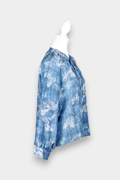 Mulberry Silk Butterfly Print Tie-Neck Long Sleeve Blouse