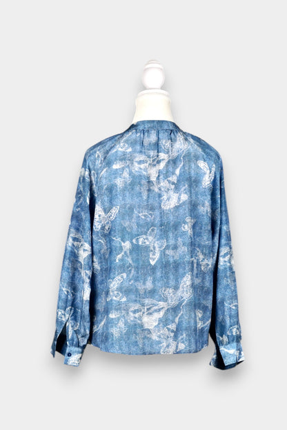 Mulberry Silk Butterfly Print Tie-Neck Long Sleeve Blouse