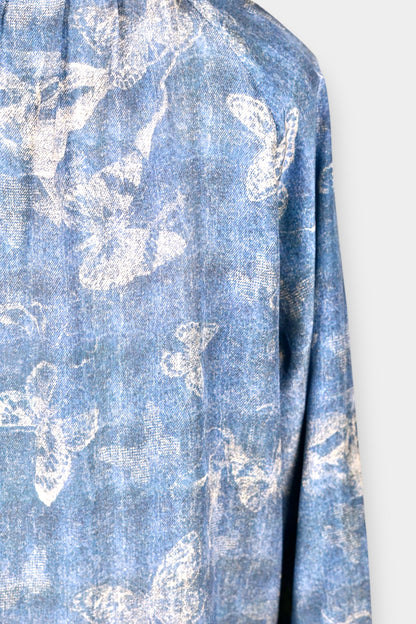 Mulberry Silk Butterfly Print Tie-Neck Long Sleeve Blouse