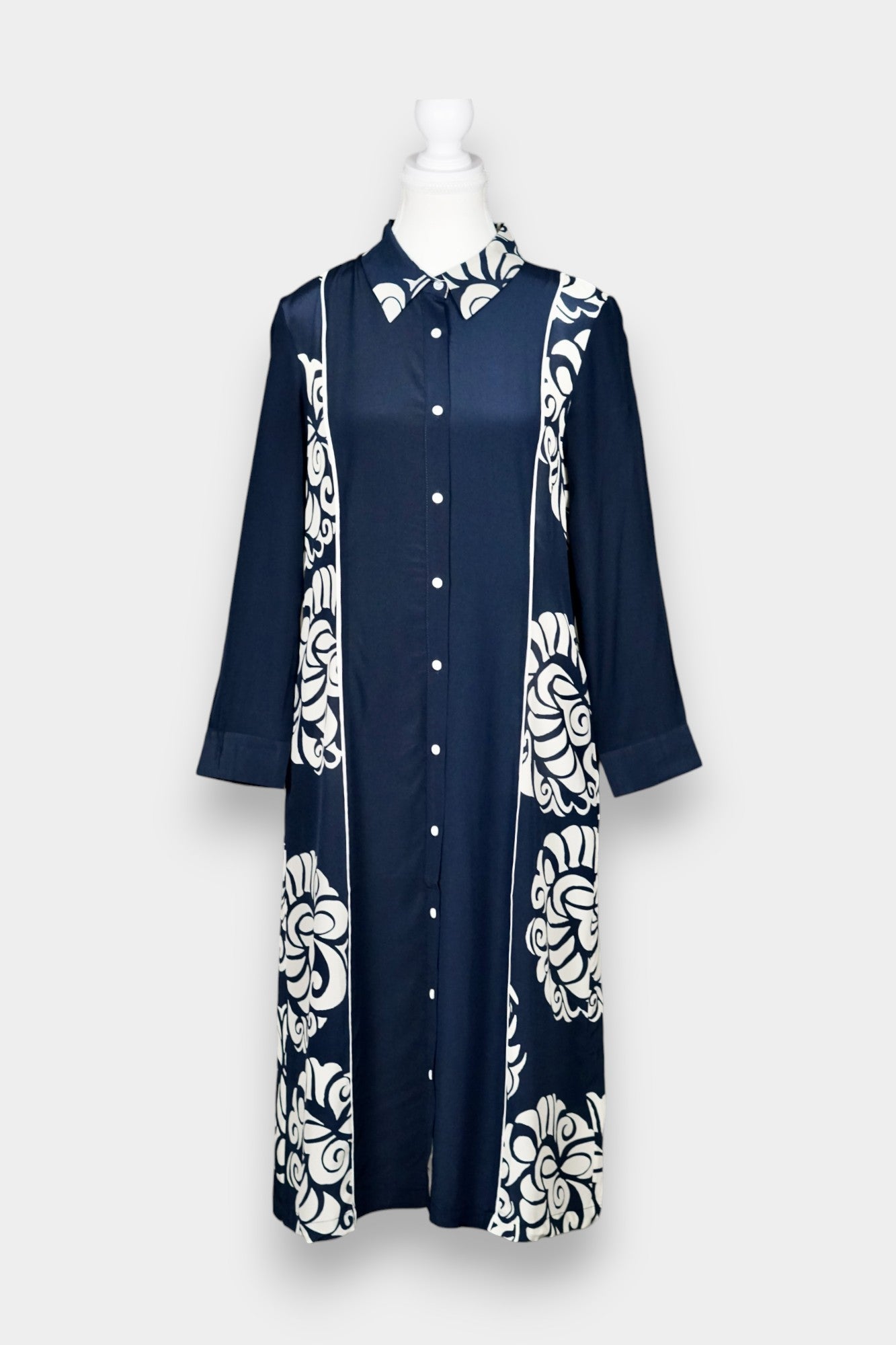 Printed Silk Shirt Dress with Scallop Motif in Navy & White