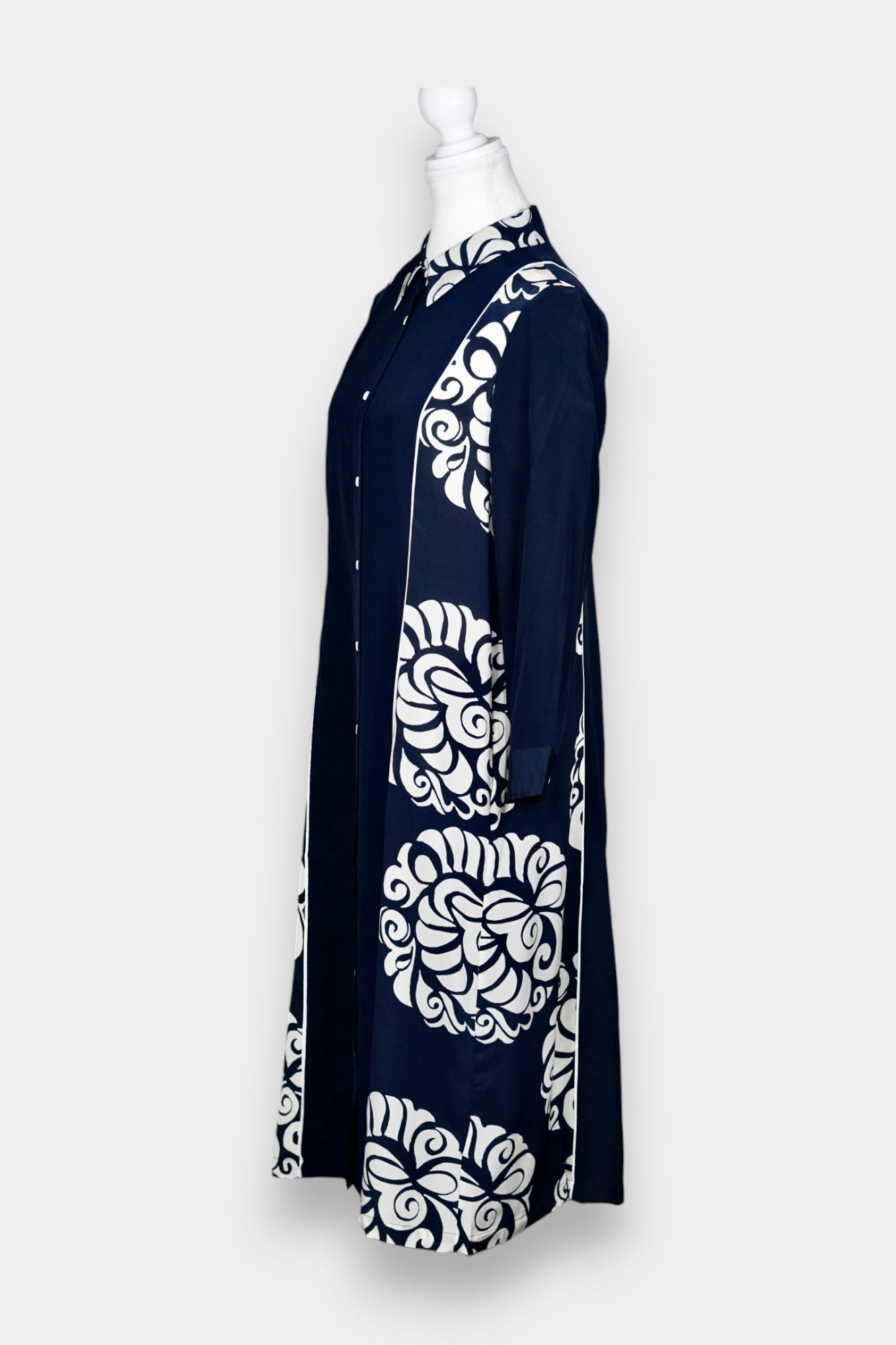 Printed Silk Shirt Dress with Scallop Motif in Navy & White