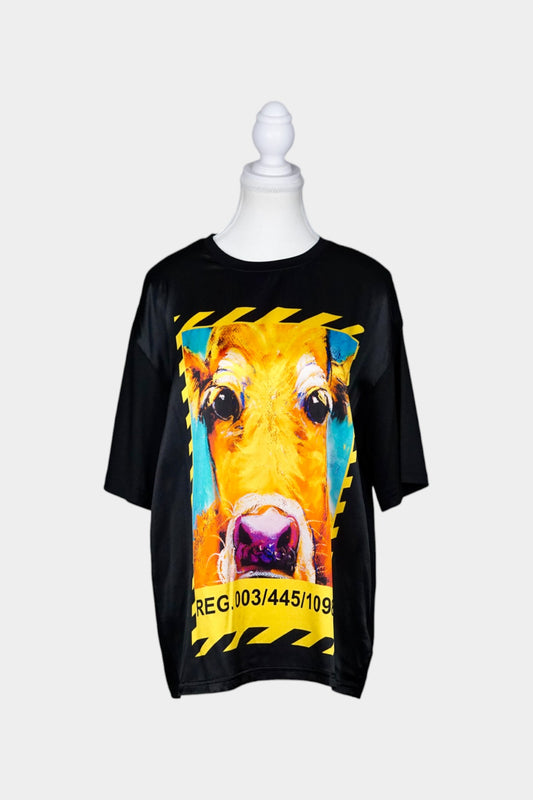 Silk T-Shirt with Cow Graphic Print in Black