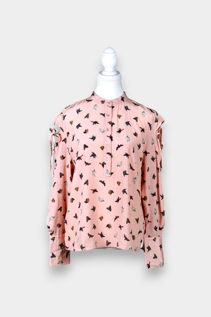 Mulberry Silk Butterfly Print Tie-Sleeve Blouse