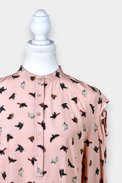 Mulberry Silk Butterfly Print Tie-Sleeve Blouse