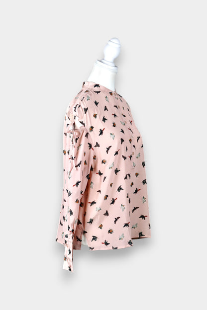 Mulberry Silk Butterfly Print Tie-Sleeve Blouse