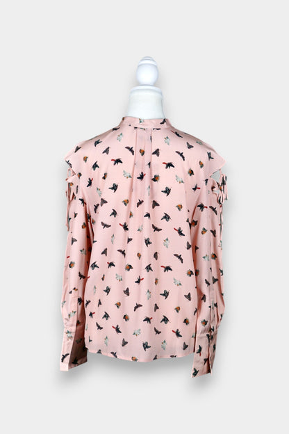Mulberry Silk Butterfly Print Tie-Sleeve Blouse
