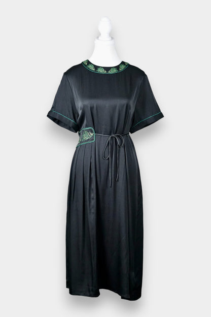Mulberry Silk Embroidered Waist-Tie Midi Dress