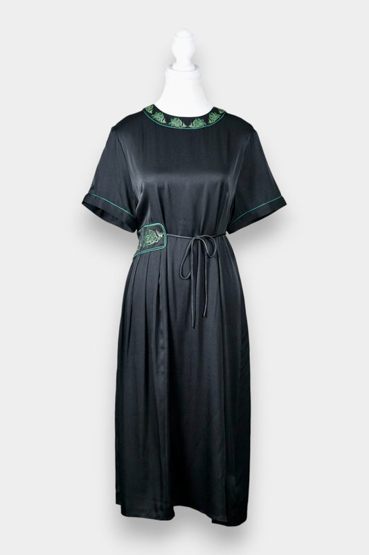 Embroidered Silk Satin Midi Dress in Black