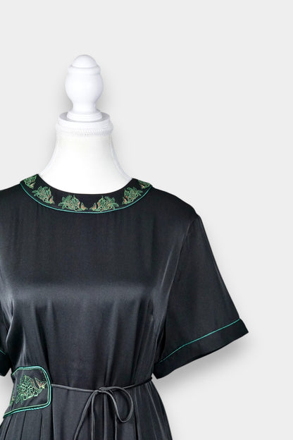 Mulberry Silk Embroidered Waist-Tie Midi Dress