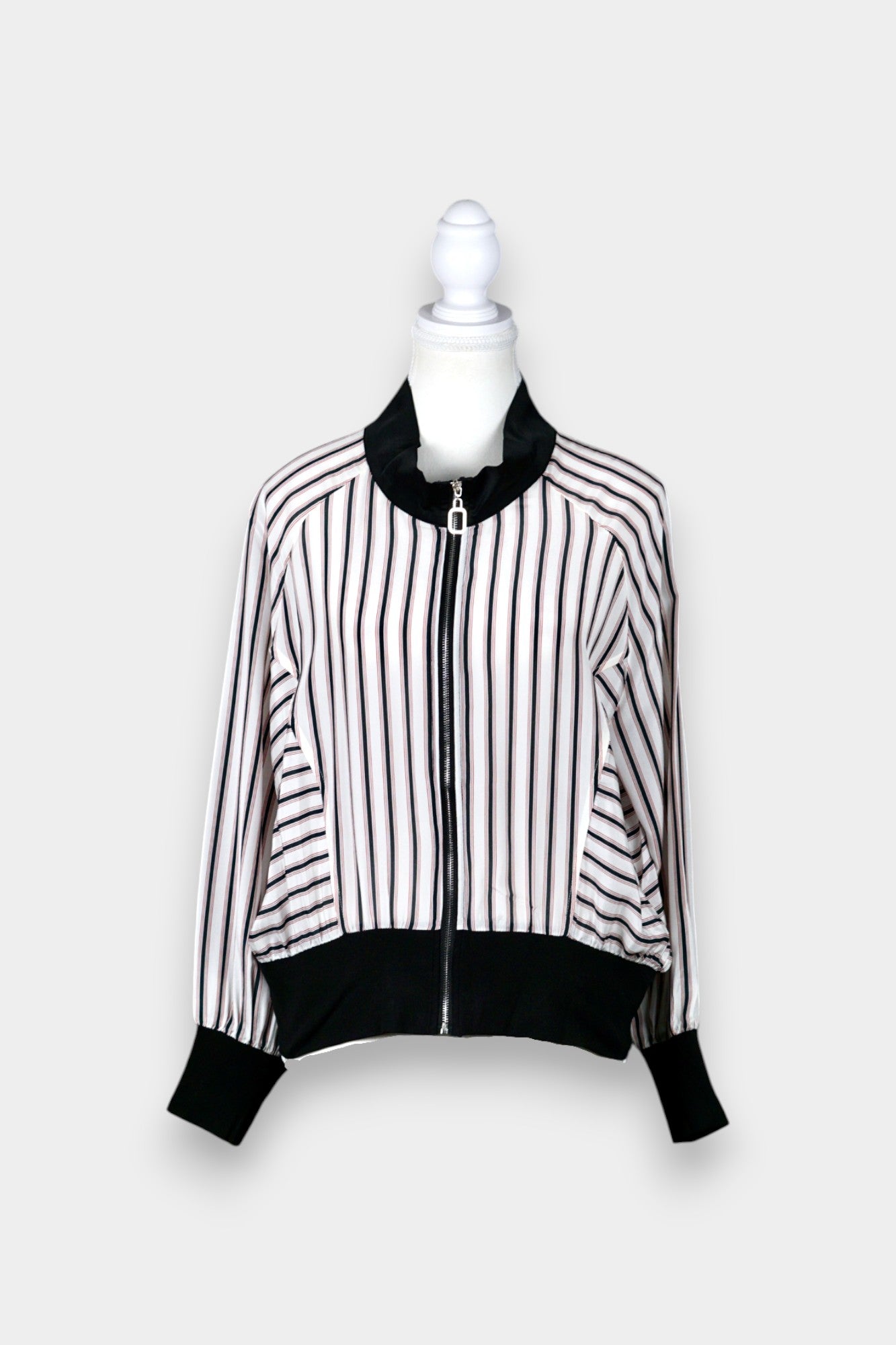 Printed Silk Bomber Jacket with Stripe Print