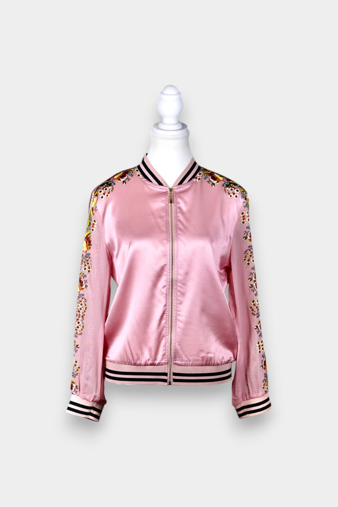 Printed Silk Bomber Jacket with Floral Sleeves in Blush Pink
