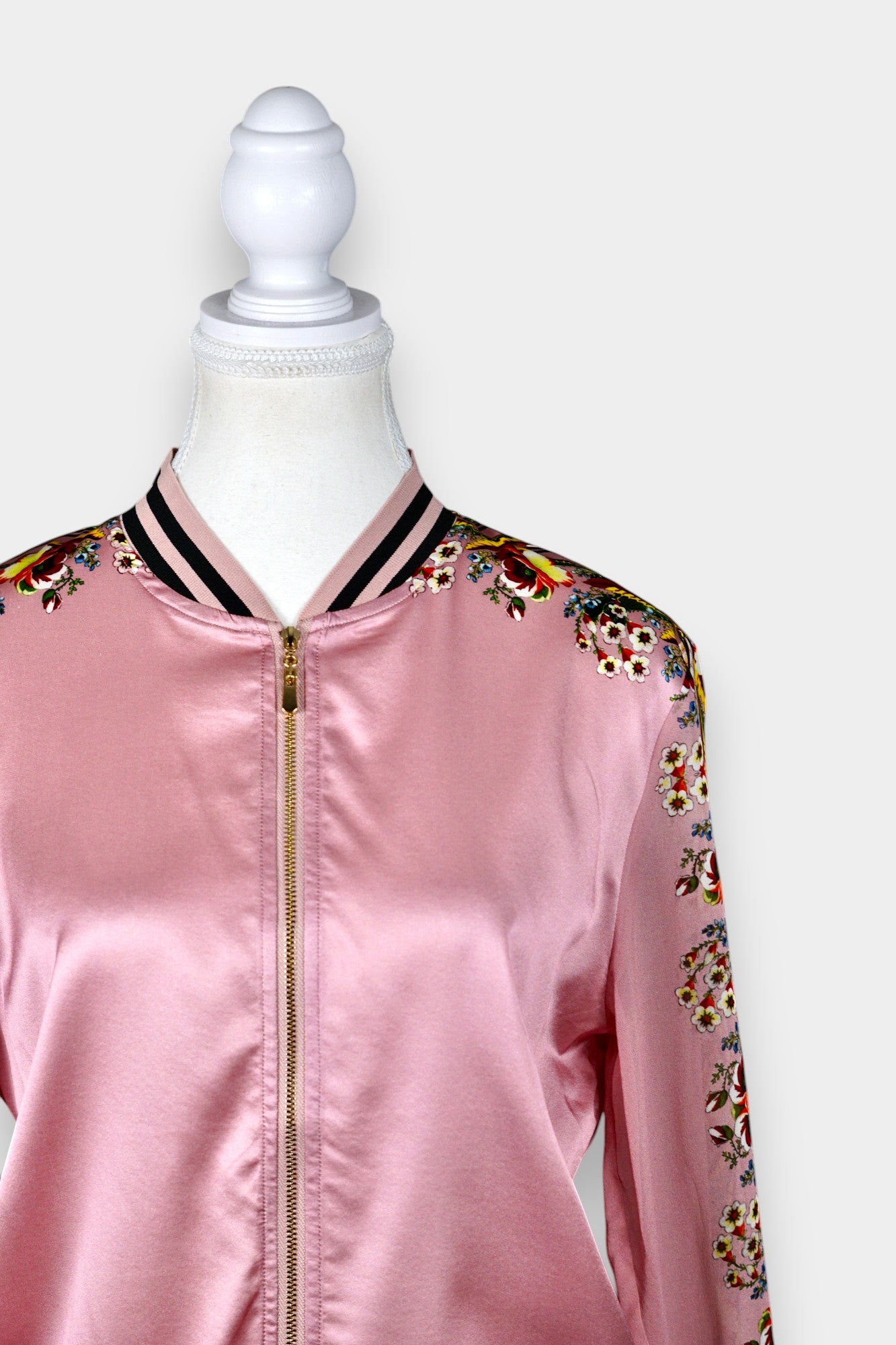 Printed Silk Bomber Jacket with Floral Sleeves in Blush Pink