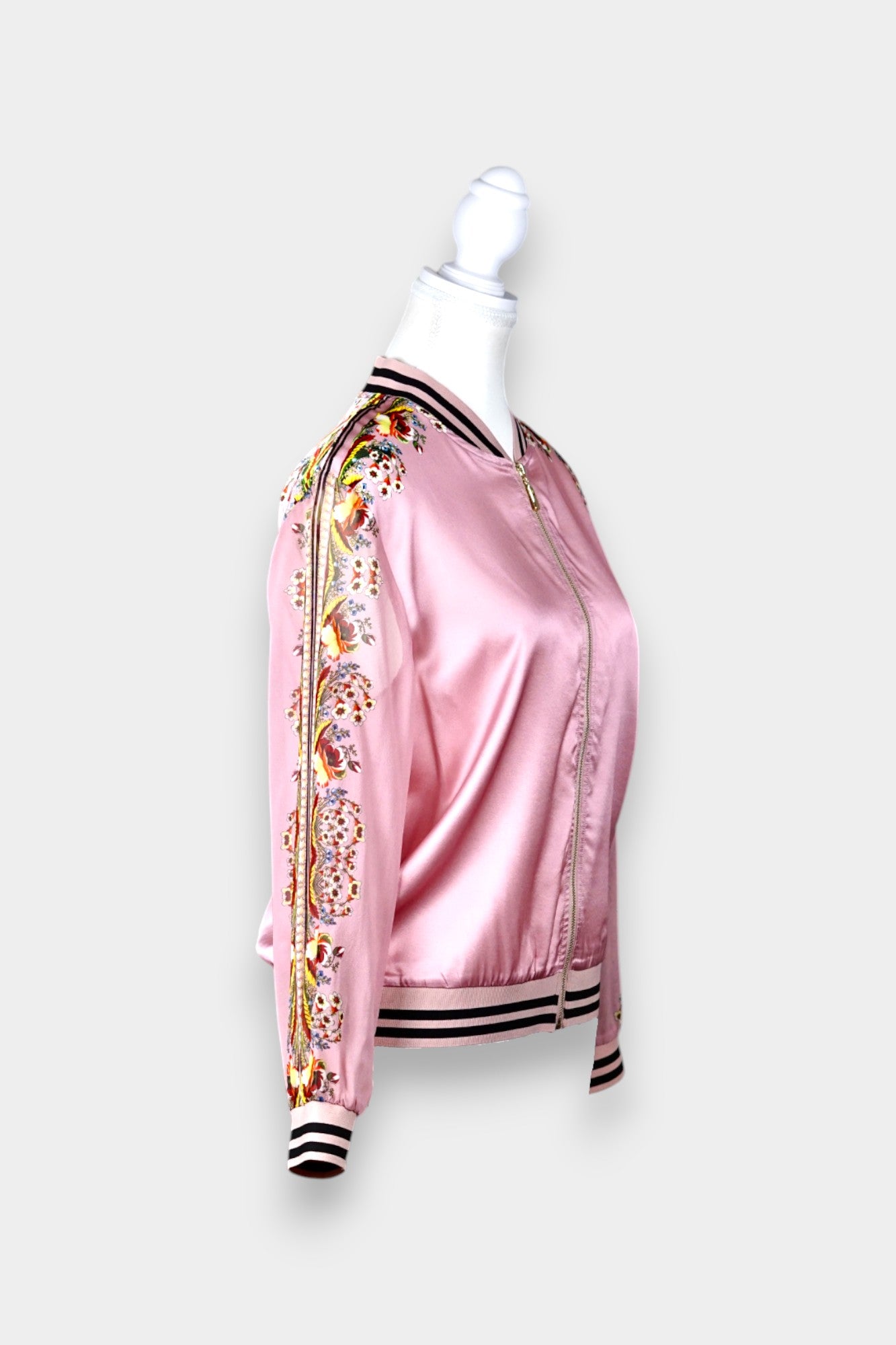 Printed Silk Bomber Jacket with Floral Sleeves in Blush Pink
