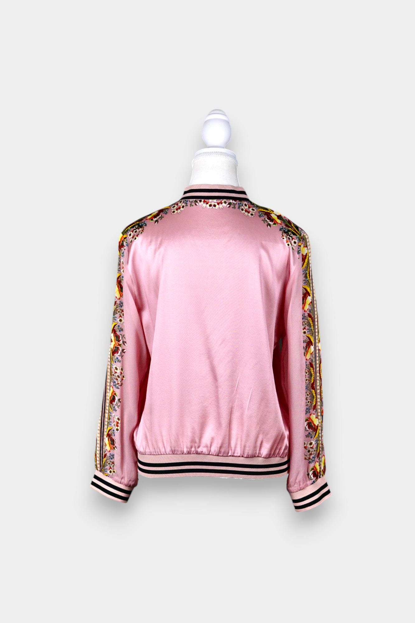Printed Silk Bomber Jacket with Floral Sleeves in Blush Pink