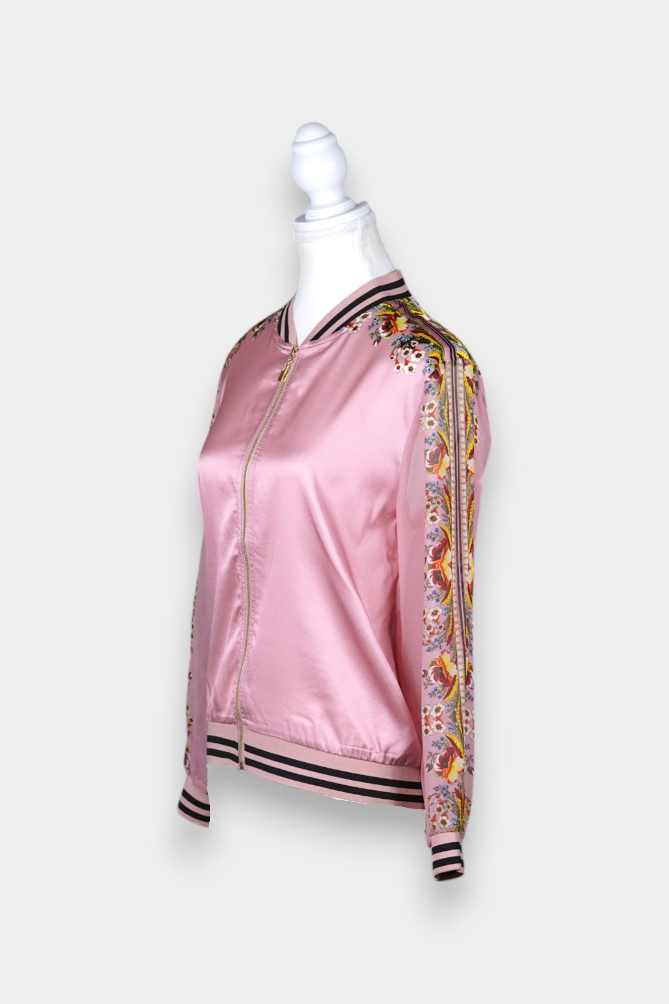 Printed Silk Bomber Jacket with Floral Sleeves in Blush Pink