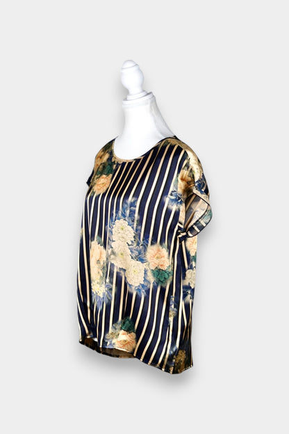 Mulberry Silk Floral Stripe Short Sleeve Top