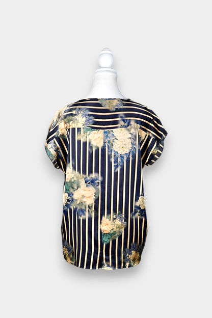 Mulberry Silk Floral Stripe Short Sleeve Top