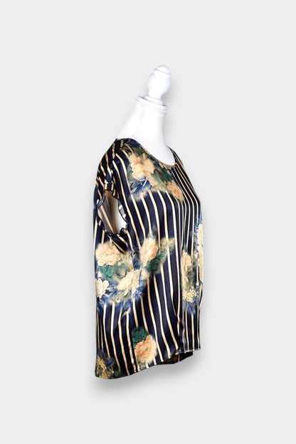 Mulberry Silk Floral Stripe Short Sleeve Top