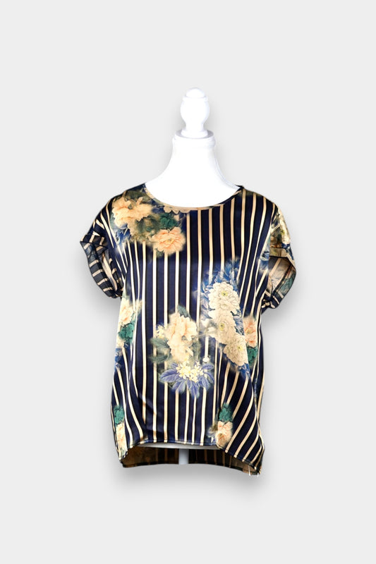 Silk Satin Blouse with Floral Stripe Print